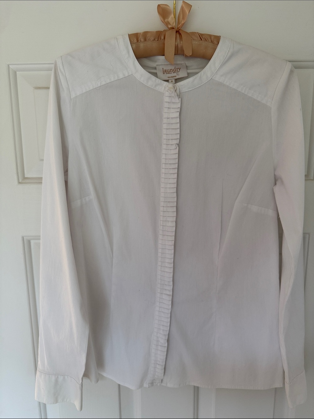 Laundry By Shelli Segal White Pleated-Trim Long-Sleeve Cotton Shirt Size 8